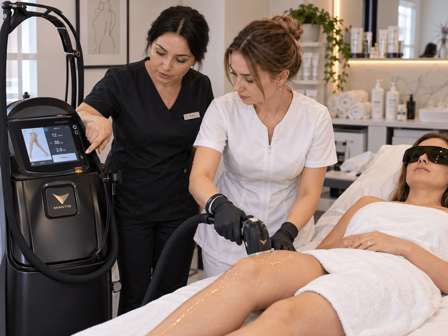 Instruirea operatorilor pentru epilare laser și selectarea parametrilor aparatului Mantis într-un salon de estetică